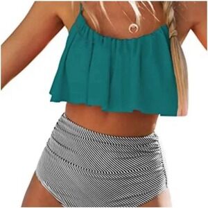 Women's Teal Ruffle Bikini High Waist Striped Bottom Sz M Beach Summer vacation
